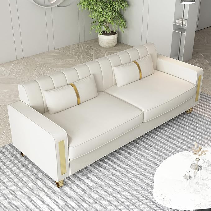 Modern Velvet Loveseat Sectional Sofa with Gold Legs 86 Large Beige Upholstered Deep Seat Chaise for 3-4 Persons Living Room Office Apartment