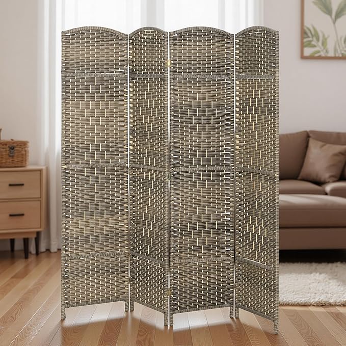 HOMCOM Room Divider 6 Ft 4 Panel Folding Privacy Screen Hand-Woven PP Wall Partition with Pine Wood Frame Freestanding Room Separator for Bedroom Home Office No Assembly Dark Rustic Oak