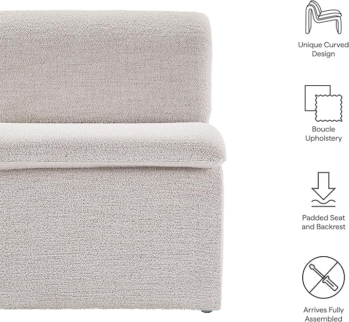 Modway Lume Curved Lounge Chair in Parchment Boucle Fabric – Modern Upholstered Armless Accent Chair with Padded Cushion - Unique Slipper Chair for Bedroom or Living Room
