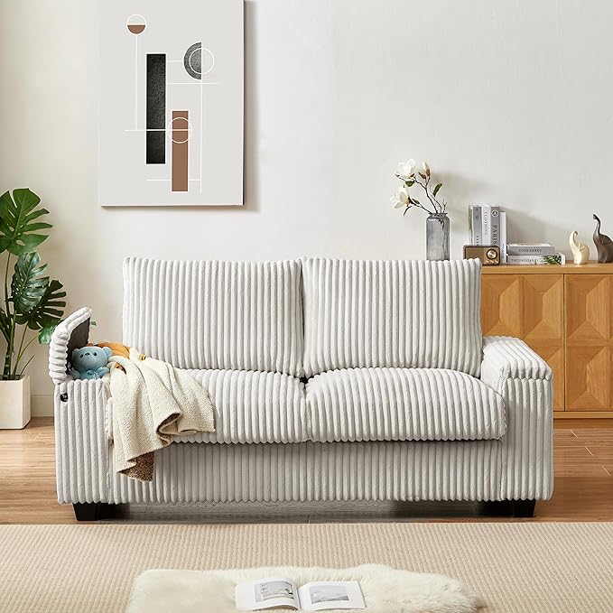 Sheng &amp Far Corduroy Loveseat Sofa Set with Storage Armrests and USB Charging Port 71 Wide Begie