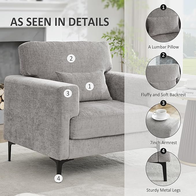 Oversized Accent Chairset of 2 with Metal LegsComfy Chenille Armchair and a HalfModern Century Single Sofa Extra Large Reading Club Chair for BedroomLiving RoomApartmentLight Grey