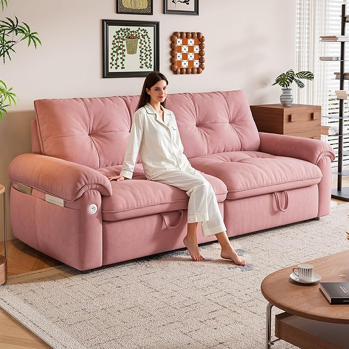 78'' Convertible Sofa Bed 2-in-1 Velvet Sleeper Sofa for Small Spaces Modern Loveseat &amp Guest Bed Apartment &amp Dorm Furniture Pink