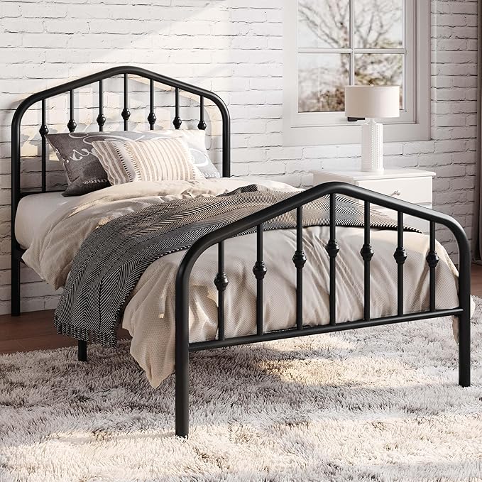 SHA CERLIN Twin Size Metal Platform Bed Frame with Victorian Style Wrought Iron-Art Headboard/Footboard No Box Spring Required Black
