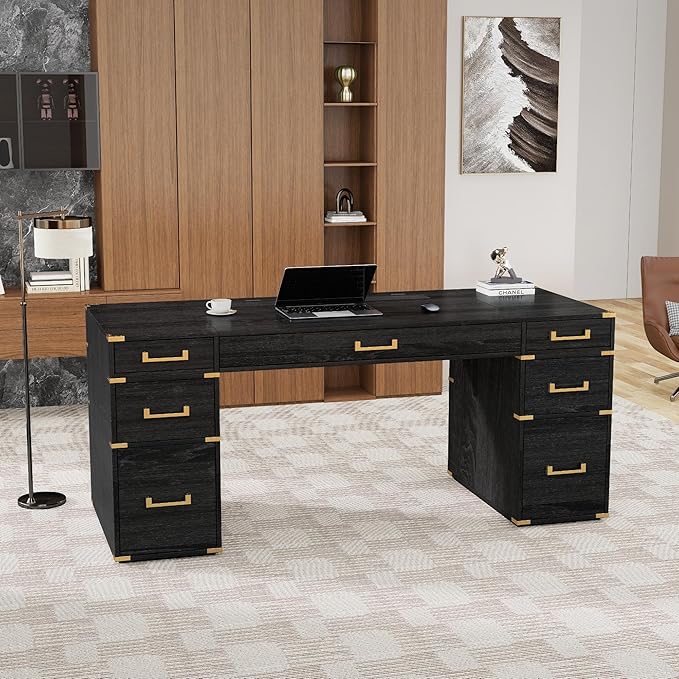 Merax 70 Extra-Large Classic and Traditional Executive Desk with Metal Edge TrimWriting Desk with 2 File DrawersUSB Ports and Outlets Living RoomHome OfficeStudy Room.(Black+Gold)