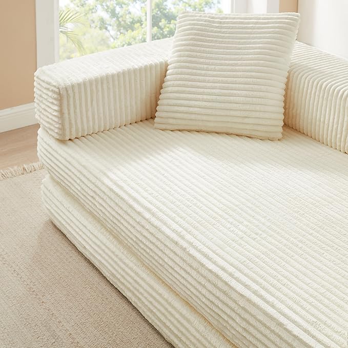 81'' Futon Sofa Bed Folding Floor Couch Bed Corduroy Fabric Boneless Couch Compressed Boneless Sofa in a Box Comfy Sleeper for Living Room-Beige