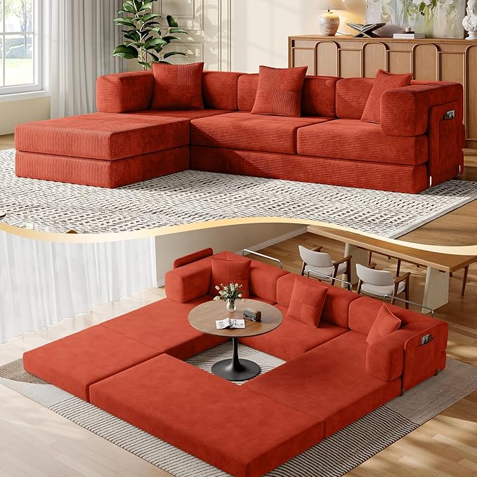 107 L-Shaped Modular Sofa Bed Multi Convertible Boneless Floor Couch Cozy Corduroy Sleeper Couch Sectional Futon Lounge for Living Room &amp Rest Area with 3 Exquisite Throw Pillows | Orange | So