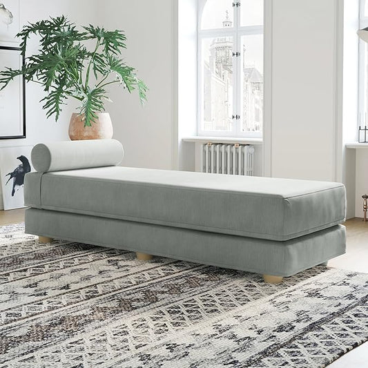 Jaxx Alon Daybed - Fold-Out Sleeper Chaise with Premium Memory Foam Queen-Size Mattress - Made in The USA - Ice