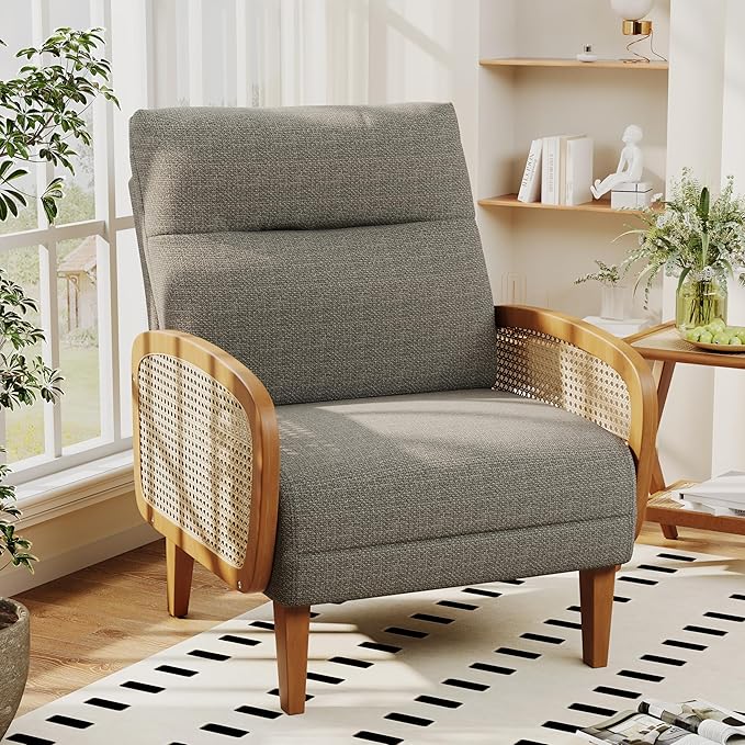 Andeworld Accent ChairUpholstered Modern Living Room Chairs with Natural Rattan Arm Linen Fabric Arm Chair with Wooden Legs for Bedroom Club Balcony Reception Taupe