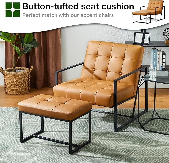 Glitzhome Accent Chairs with Ottoman Mid Century Modern Lounge Armchair with footrest with PU Leather &amp Metal Frame for Living Room Bedroom Apartment Office Light Brown