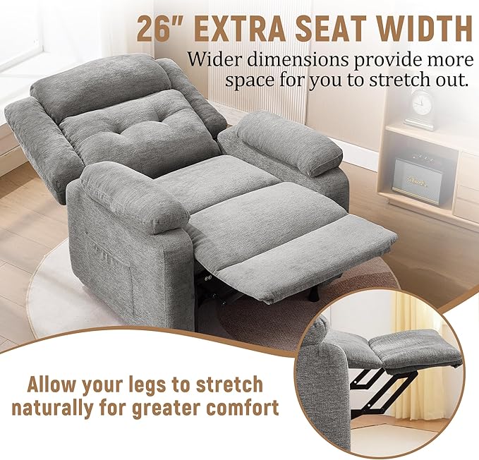 Power Recliner Chair for Adults Oversized Electric Recliner with Thickened Cushions Chenille Fabric Reclining Chair for Living Room Bedroom LightGrey