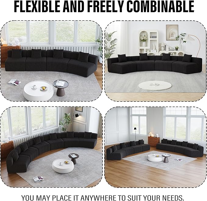 KEIKI Chenille Curved Sectional Sofa 6 Seat Symmetrical Modular Semi Circular Modular Couch Deep Seat Tufted Corner Sofa for Living Room Lobby Black