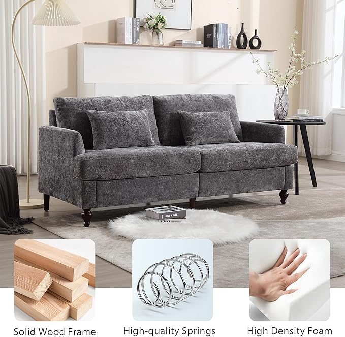 69” Modern Chenille Loveseat Sofa Couch Upholstered 2 Seat Love Seat Deep Seat Small Couch with 2 Pillows and Sturdy Wood Legs for Living Room Bedroom Apartment (Gray)