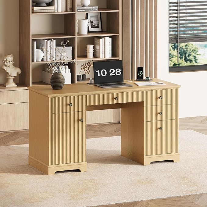 59 Modern Executive Desk with Drawers Wood Home Office Computer Desk with Charging Station 5 Drawers &amp 1 Cabinet File Drawer Fluted Computer Writing Desk for Study Living Room Bedroom Oak