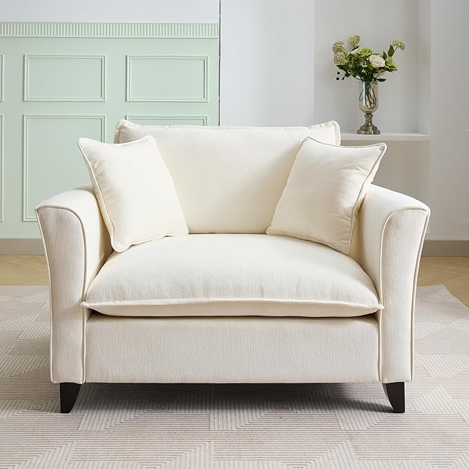 Chenille Fabric Oversized Armchair Modern Accent Chair Single Sofa with 2 Pillows and Washable Covers for Living Room Bedroom Office Apartment (Cream-46.9'')