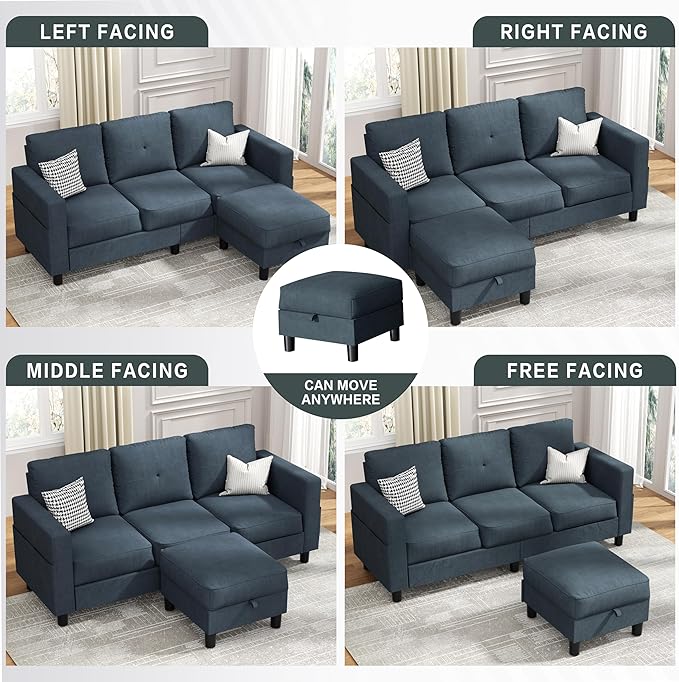 JY QAQA Convertible Sectional Sofa Couch with 3-Seat Sofa L-Shaped Ottoman Couch with Modern Linen Fabric for Small Living Room Apartment and Small Space (Dark Gray)