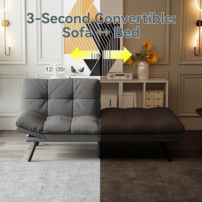 Futon Sofa Bed Convertible Couch Grey Linen Sofa Bed with Memory Foam Adjustable Backrest &amp Armrests Multifunctional Small Loveseat Sleeper Sofa for Living Room Apartment Office