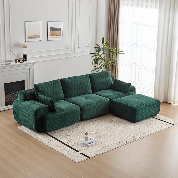 Modular Sectional Sofa Comfy Boneless Cloud Couch with Pillows Pet-Friendly Corduroy Fabric Sectional Couches for Living Room No Assembly Required (Green 3 Seat)