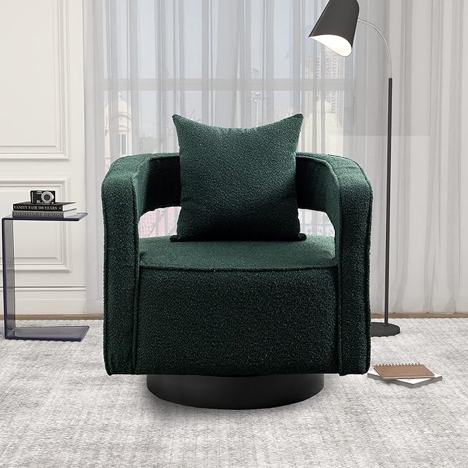 Mid Century Modern Boucle Swivel Accent Chair 2 Pack Comfy Open Back Sofa Chair with Black Wood Base for Nursery Bedroom Living Room Club Swivel Lounge Chairs (2pcs Chair Green)