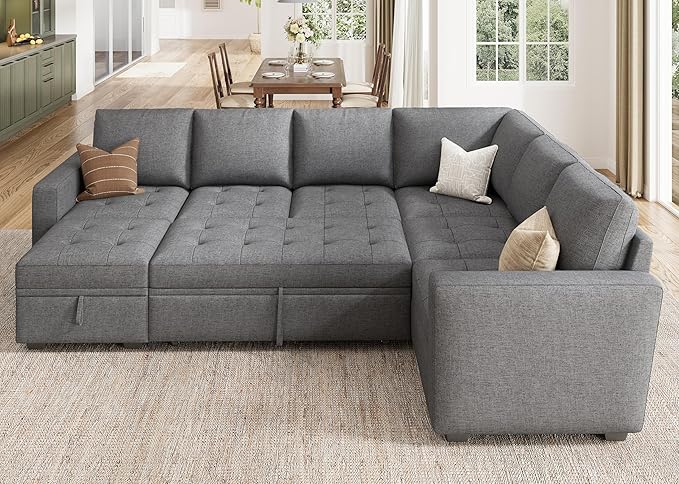 HONBAY Modular Sectional Sleeper Sofa with Pull Out Bed Convertible L Shaped Couch with Storage Seat Sectional Couches for Living RoomGrey