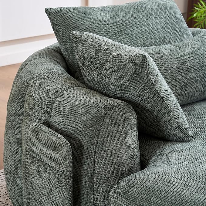 Oversized Chaise Lounge Indoor Deep Seat Boneless Sofa Bed with Throw Pillows Plush Chenille Fabric No Assembly Required Comfy Sleeper Sofa for Living Room Bedroom (Green with Pocket)