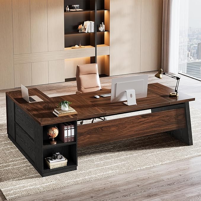 Tribesigns 78 L Shaped Executive Desk Large Office Desk with Drawers and Storage Shelves Modern Corner Computer Table Business Furniture for Home Office (Walnut &amp Brown)