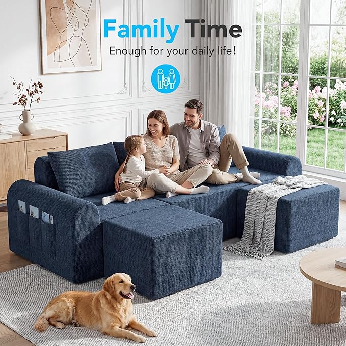 86.6 Modular Sofa Modern Boneless Sectional Sofa with Footstool No Assembly Required Extra-deep Chenille Fabric Seat L-Shaped Chaise Lounge Sofa Suitable for Living Room(Blue)