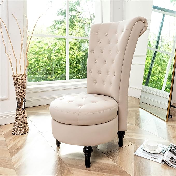 Royal High-Back Velvet Accent Chair for Vanity with Storage and Luxurious Upholstery Retro Design and Versatile Usage for Living Room Bedroom Lounge and Office Ivory