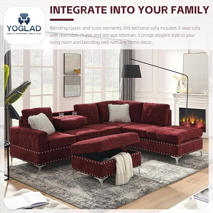 Yoglad 108'' Chenille Sectional Couches for Living Room Modular 5-Seater Couch Sofa with Reversible Chaise &amp Cup Holders L-Shaped Corner Sofa with Storage Ottoman for Living Room Apartment(Red)