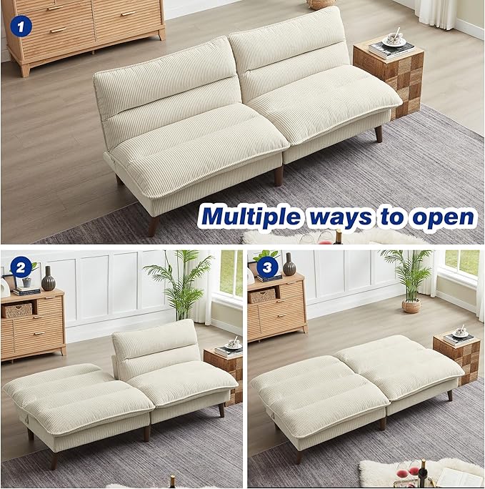 72 Futon Sofa Bed Convertible Futon Couch with Adjustable Backrest Modern Corduroy Sleeper Sofa for Small Spaces Living Room Office Beige