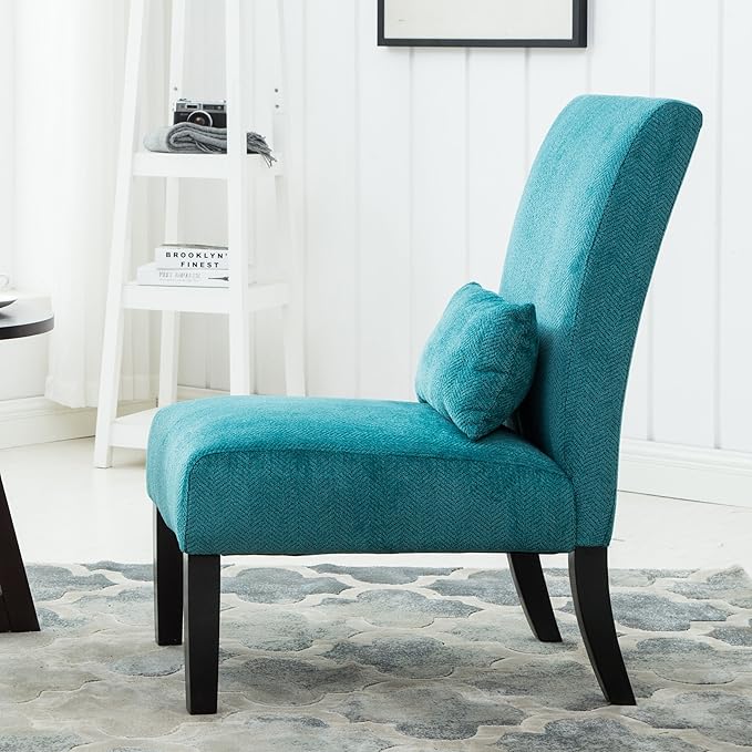 Knocbel Upholstered Accent Armless Chair with Pillow Living Room Fabric Lounge Chair with Solid Wood Frame &amp Legs (Teal Blue w/Pillow)