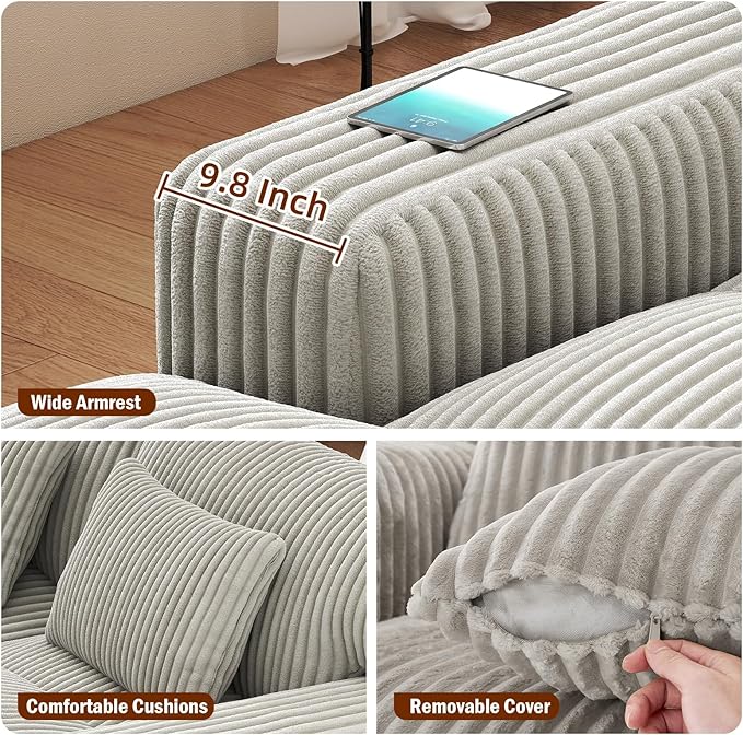 Cloud Couch Sofa Bed Oversized Chaise Lounge Chair Indoor 95.6” W Double Boneless Corduroy Upholstered Reading Chair Fluffy Sleeper Sofa Couches for Living Room No Assembly Required (Grey)