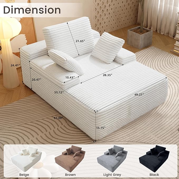 67'' Chaise Lounge Chair Indoor Oversized Boneless Sofa Bed Fluffy Corduroy Sleeper Sofa for Apartment Bedroom Living Room Comfy Cloud Boneless Couch Reading Recliner No Assembly Beige