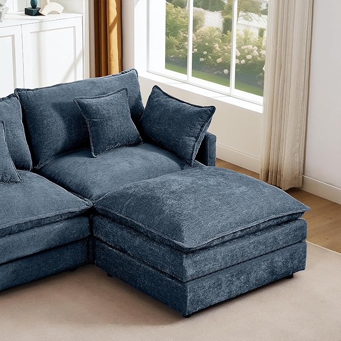 Blue Sectional Modular Sofa Cloud Couch 105 Modern Convertible L-Shape Sofa Deep 3-Seater Soft Chenille Comfy Upholstered with Removeable Ottoman Set and Removable Cushions for Living Room