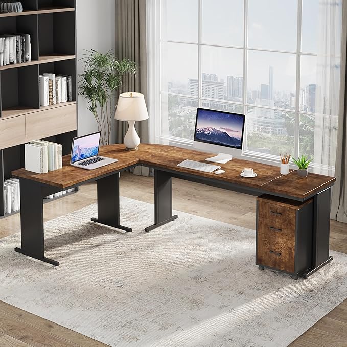 Tribesigns 83 L-Shaped Executive Desk Reversible Modern Office Desk with Drawers &amp Rolling File Cabinet Large Corner Computer Desk Business Workstation for Home Office (Brown)