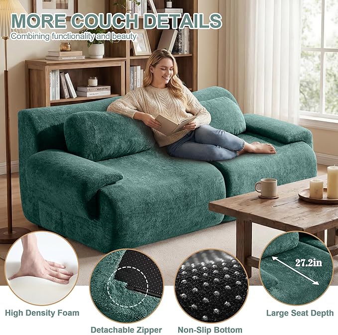 Multiple Modular Boneless Couches for Living Room Cloud Sectional Sofa with Comfy Deep Seat Oversized Loveseat Couch for Bedroom Apartment No Assembly 2 Modules Combined Dark Green