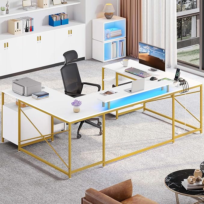 YITAHOME U Shaped Desk with Power Outlets &amp LED Lights 79 Reversible L Shaped Desk with Drawers Corner Computer Desk Office Desk with Monitor Stand &amp Storage Shelves White &amp Gold