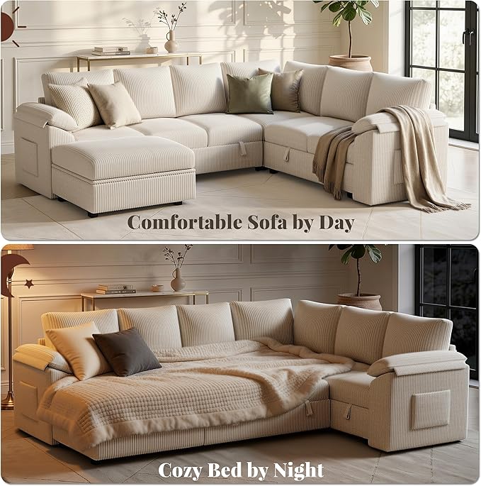 108 Inch Sectional Sleeper Sofa Bed with Pull Out Couch U Shaped 7 Seat Cloud Modular Sectional Sofa with Storage Corduroy Sectional Couches for Living Room Removable Sofa Cover Beige