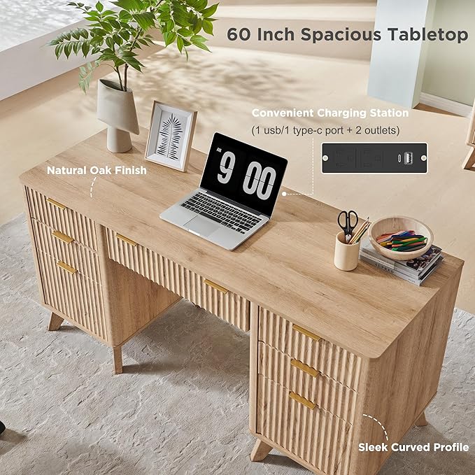 T4TREAM Fluted Executive Desk with Drawers 60 Modern Home Office Computer Desk with Charging Station File Cabinet Keyboard Tray and Storage Cabinet for Study Living Room Bedroom Natural Oak