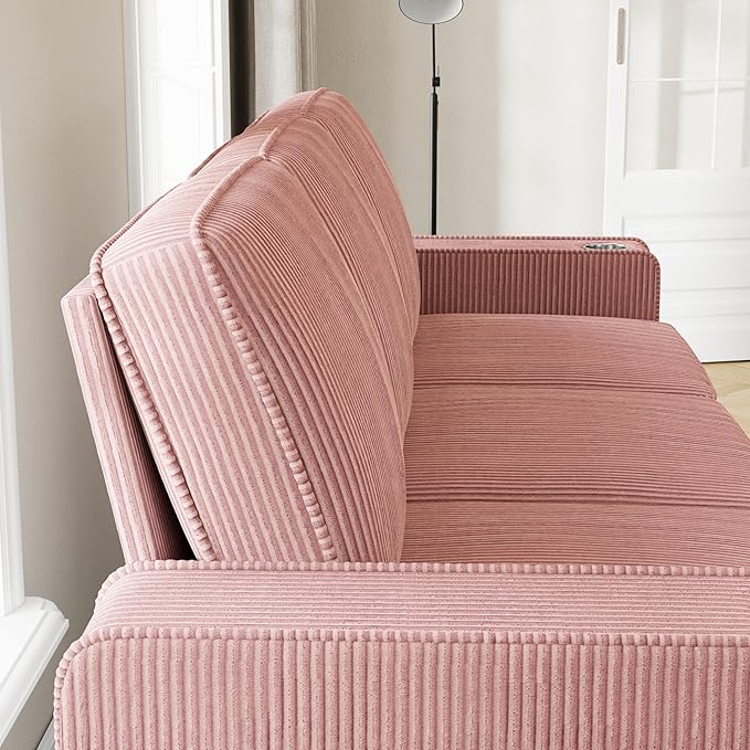 83.86 Corduroy 3-Seater Sofa with Extra Deep Seat Modern Cloud Couch with 2 Cup Holders Comfy Upholstered Sofa for Living Room Apartment &amp Office Pink