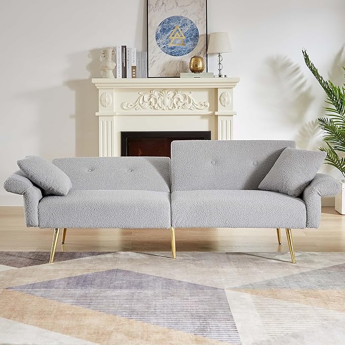 69.5'' Grey Futon Loveseat Sofa Bed Teddy Upholstered Folding Couch with Adjustable Backrest and Armrests Sleeper Sofa with Side Pocket and Gold Metal Legs for Small Space Living Room (Grey)