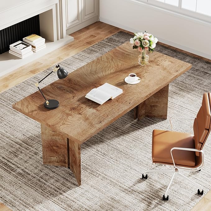 Tribesigns 63-inch Executive Desk Vintage Home Office Computer Desk with Large Tabletop Farmhouse Wood Writing Conference Table Workstation for Office Study Light Oak Brown