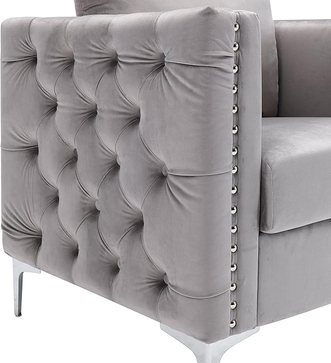 Modern Velvet Armchair Tufted Button Accent Chair Club Chair with Steel Legs for Living Room BedroomGrey