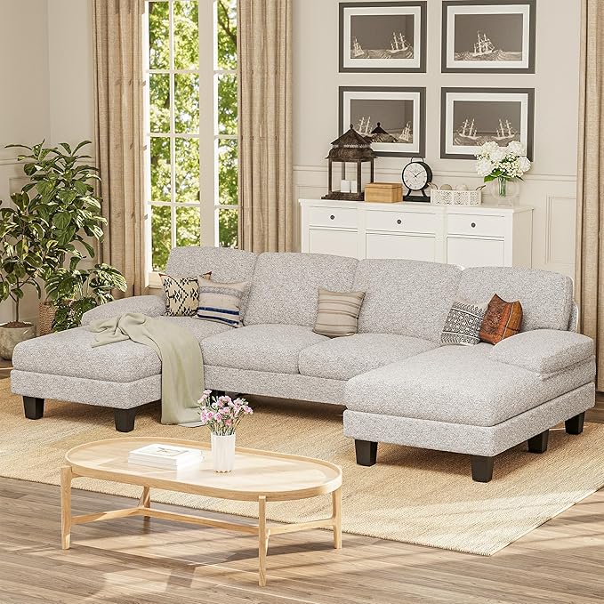 Furmax Sectional Couches for Living Room U-Shaped Sofa Couch with Linen Fabric 4 Seat Sofa Set with Double Chaise for Apartment (Loop Yarn Pearl Gray)