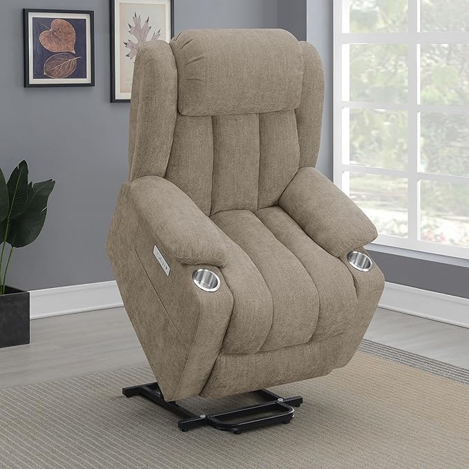Coaster Home Furnishings - Houston - Fabric Upholstered Power Lift Recliner Chair with Power Panel with USB Port Cup Holders and Pillowtop Arms - Living Room - Camel - 602274P
