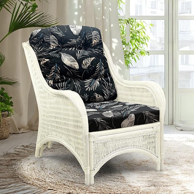 Wickerix Jam Lounge Living Accent Armchair Natural Rattan Wicker Handmade Design White Color with Black Leaf Cushion