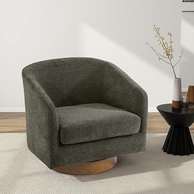 Swivel Barrel Chair Modern Round PU Leather Accent Armchair for Living Room Bedroom Oversized Comfy Club Reading Chairs for Adults (Chenille Tan Set of 2)