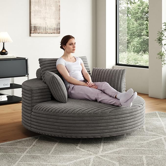KEIKI 55 Oversized 360 Degree Swivel Chair Large Barrel Chairs Upholstered Round Swivel Chair Corduroy Single Sofa Armchair Sleeper Chair for Living Room Lounge Gray