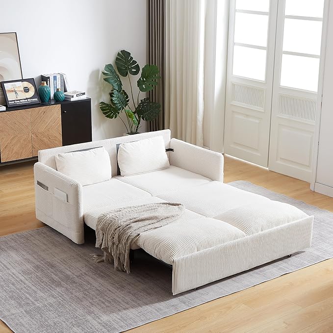 Eafurn 3 in 1 Convertible Pull Out Sleeper Sofa Couch Bed Queen Size Corduroy Pullout Lounge Loveseat RV Sofa&ampCouches Sofabed with Soft Pillows ArmrestSide Pockers for Living Room Apartment