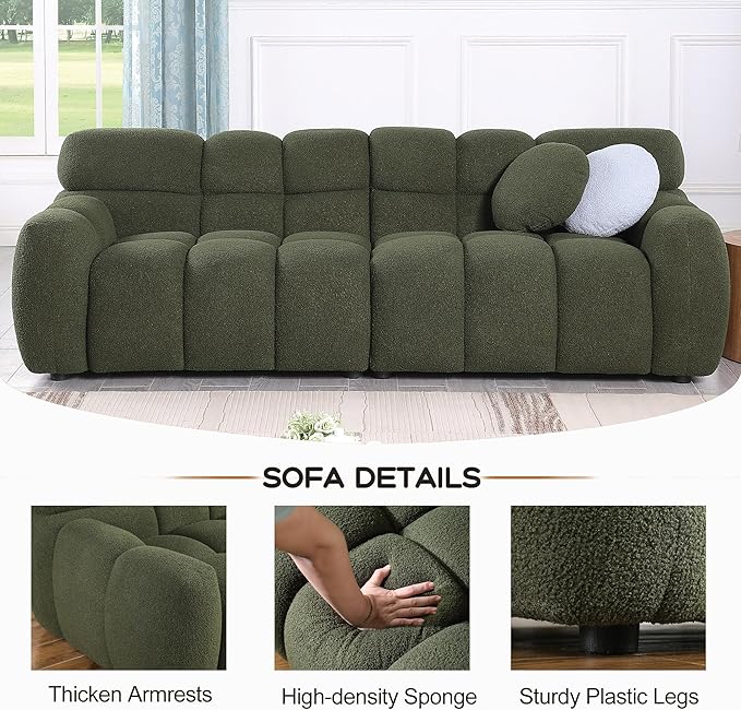 GNIXUU 86.5” Boucle Cloud Sofa Modern Large Tufted 3 Seater Sofa Couch with 2 Pillows Comfy Marshmallow Sectional Couches for Living Room Bedroom Apartment(Green)