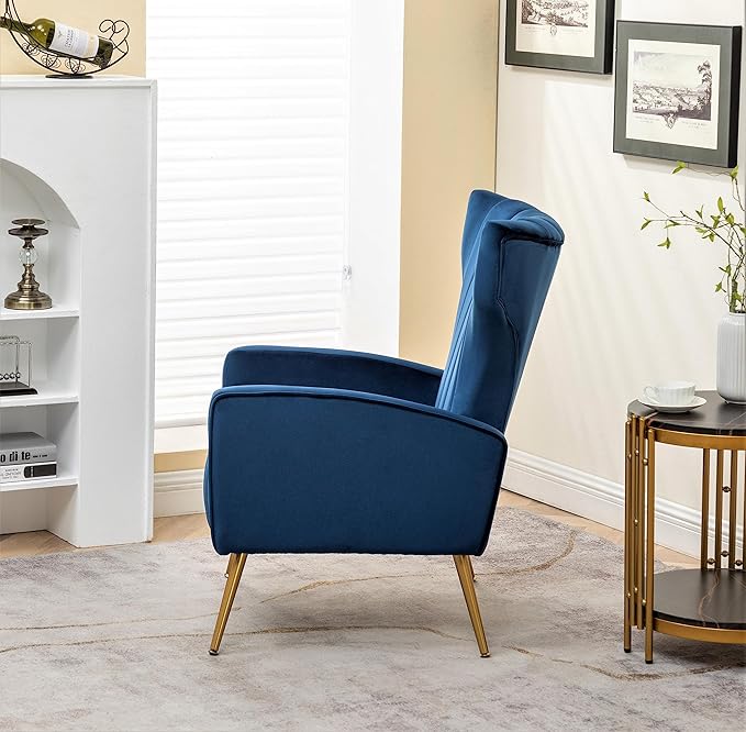 Modern Velvet Accent Chair Channel Tufted Bedroom Office or Living Room Furniture with Elegant Metal Legs 26 Wide Armchair Blue